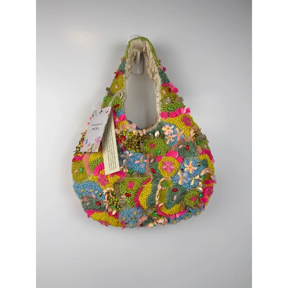 Handcrafted India Beaded Floral Hobo Bag Sequin Embellished Multi Color Handbag